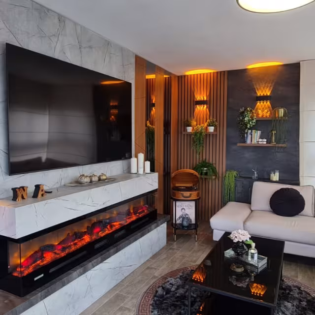 Elektrikli Somineli Modern Salon Duvar Kaplama uygulama görseli