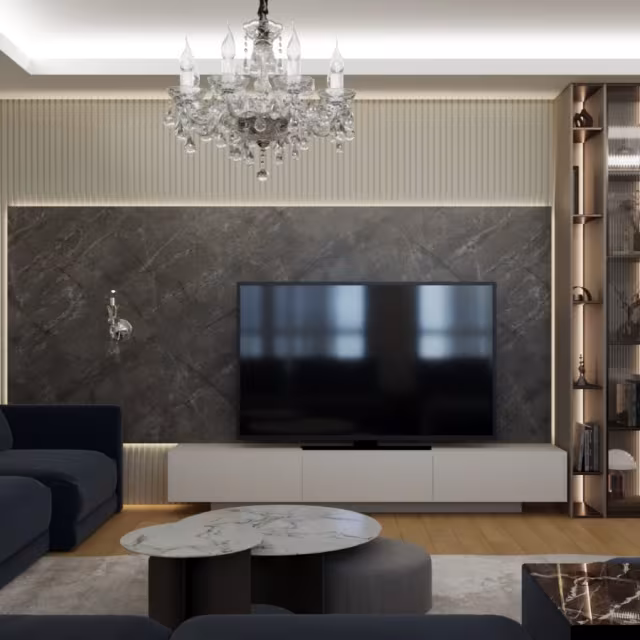 Modern Salon TV Ünitesi Siyah Mermer Panel uygulama görseli