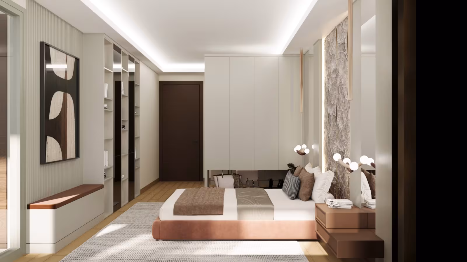 Taş Dokulu Baslikli Modern Yatak Odası Tasarımı uygulama görseli