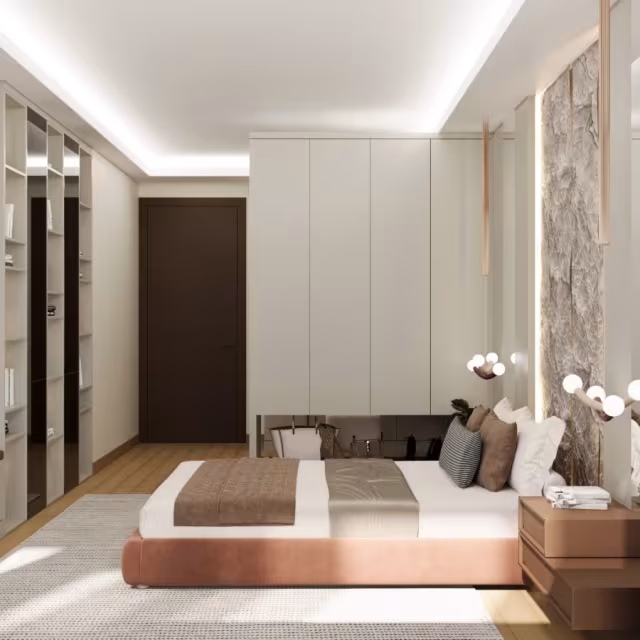 Taş Dokulu Baslikli Modern Yatak Odası Tasarımı uygulama görseli